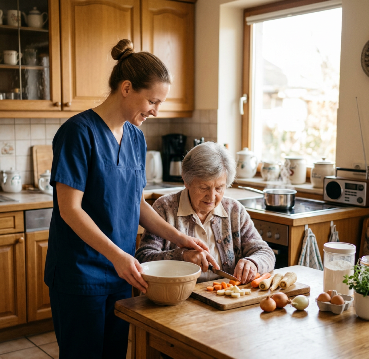 Pflegerin hilft Seniorin beim Kochen in der Küche