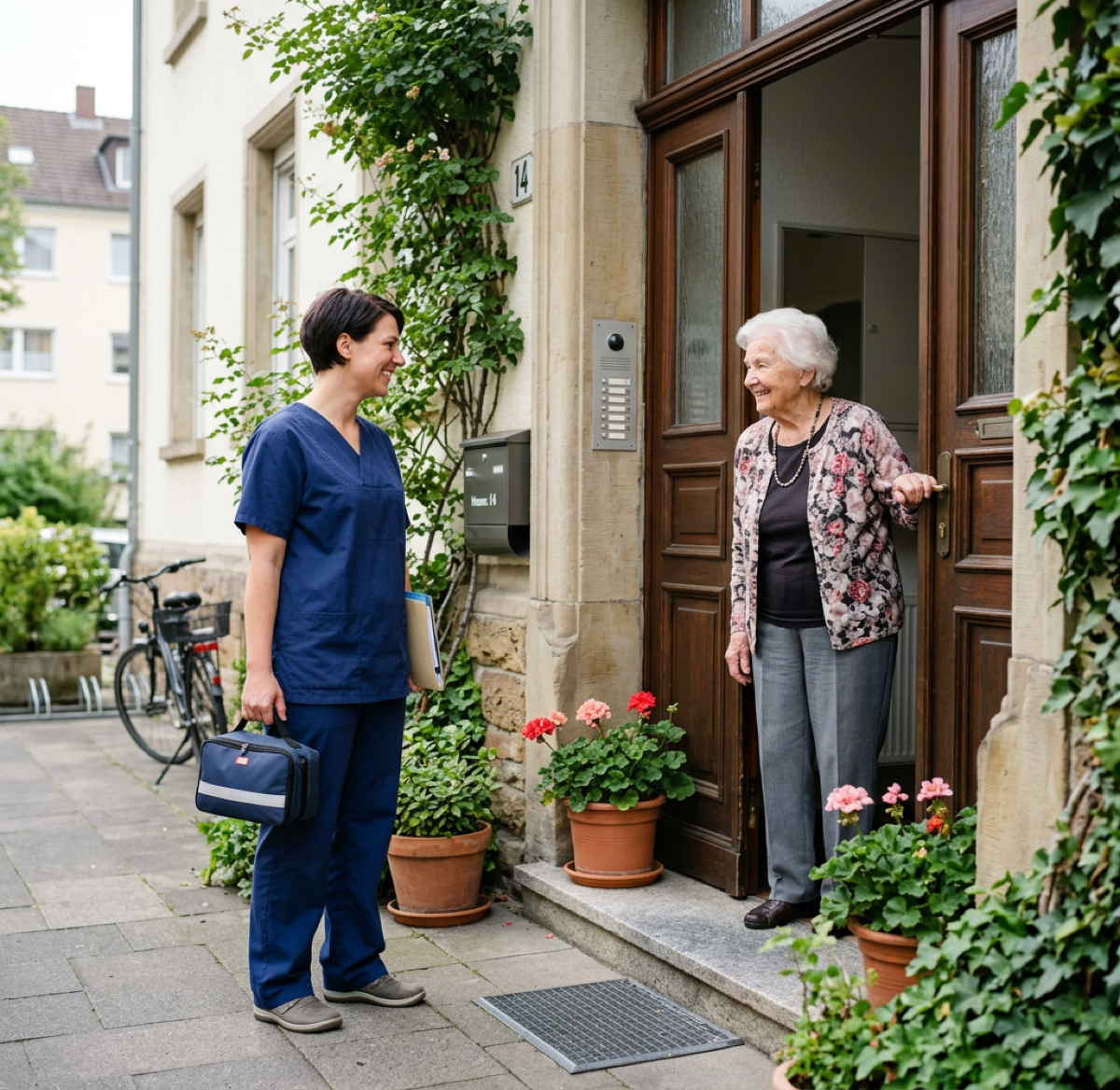 Pflegekraft begrüßt Seniorin an der Haustür