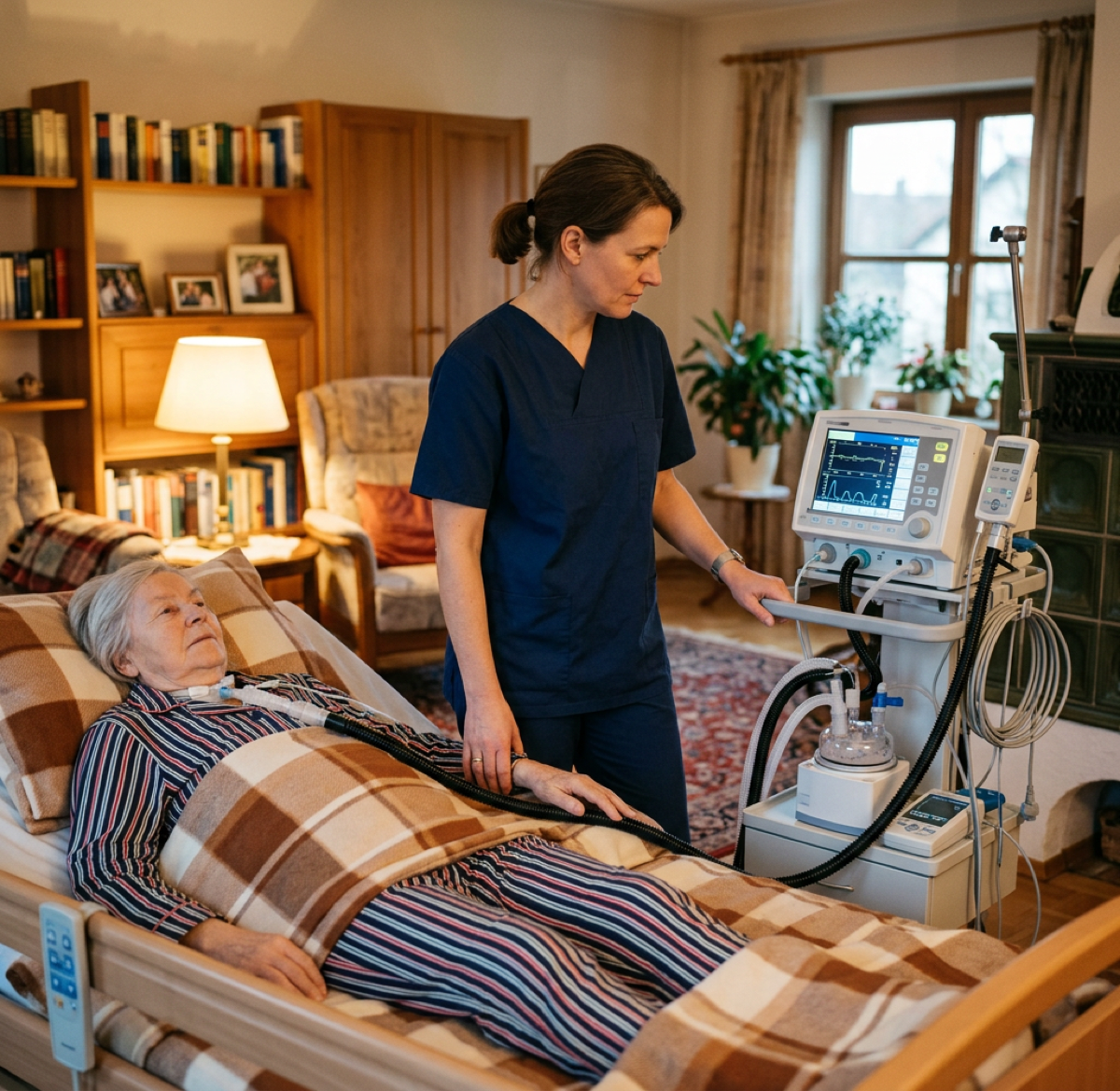 Intensivpflegekraft überwacht Beatmungsgerät im Wohnzimmer