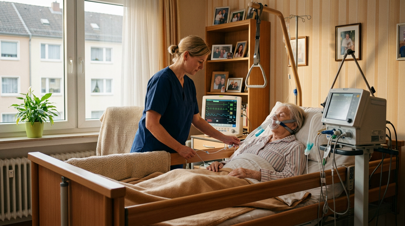 Pflegerin betreut Patientin mit Beatmungsgerät in häuslicher Intensivpflege