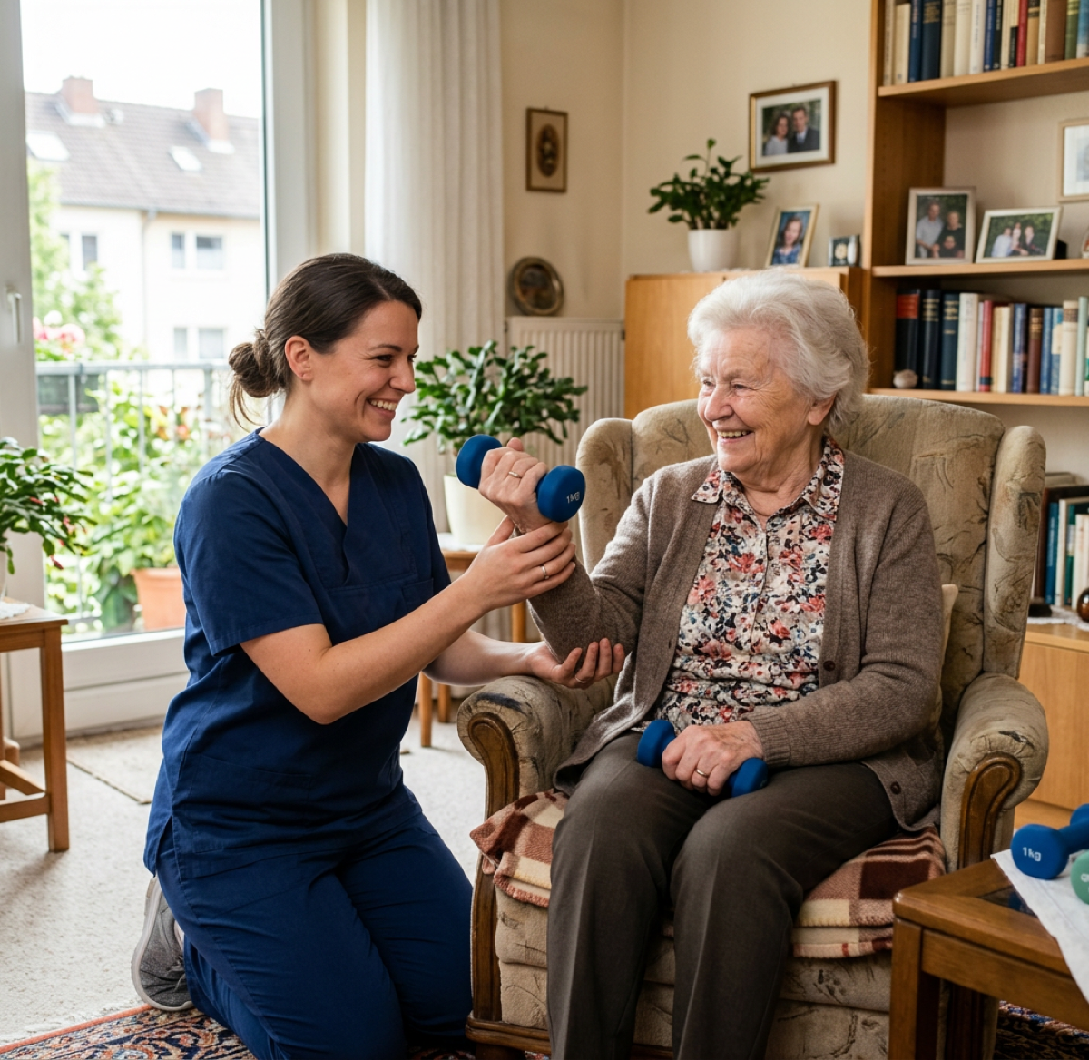 Pflegerin macht leichte Übungen mit Seniorin im Wohnzimmer