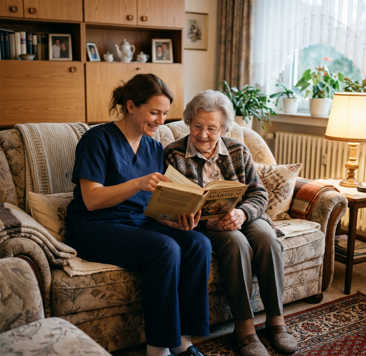 Pflegerin liest mit Seniorin ein Buch auf dem Sofa