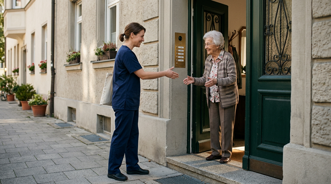 Ersatzpflegerin begrüßt Seniorin an der Haustür