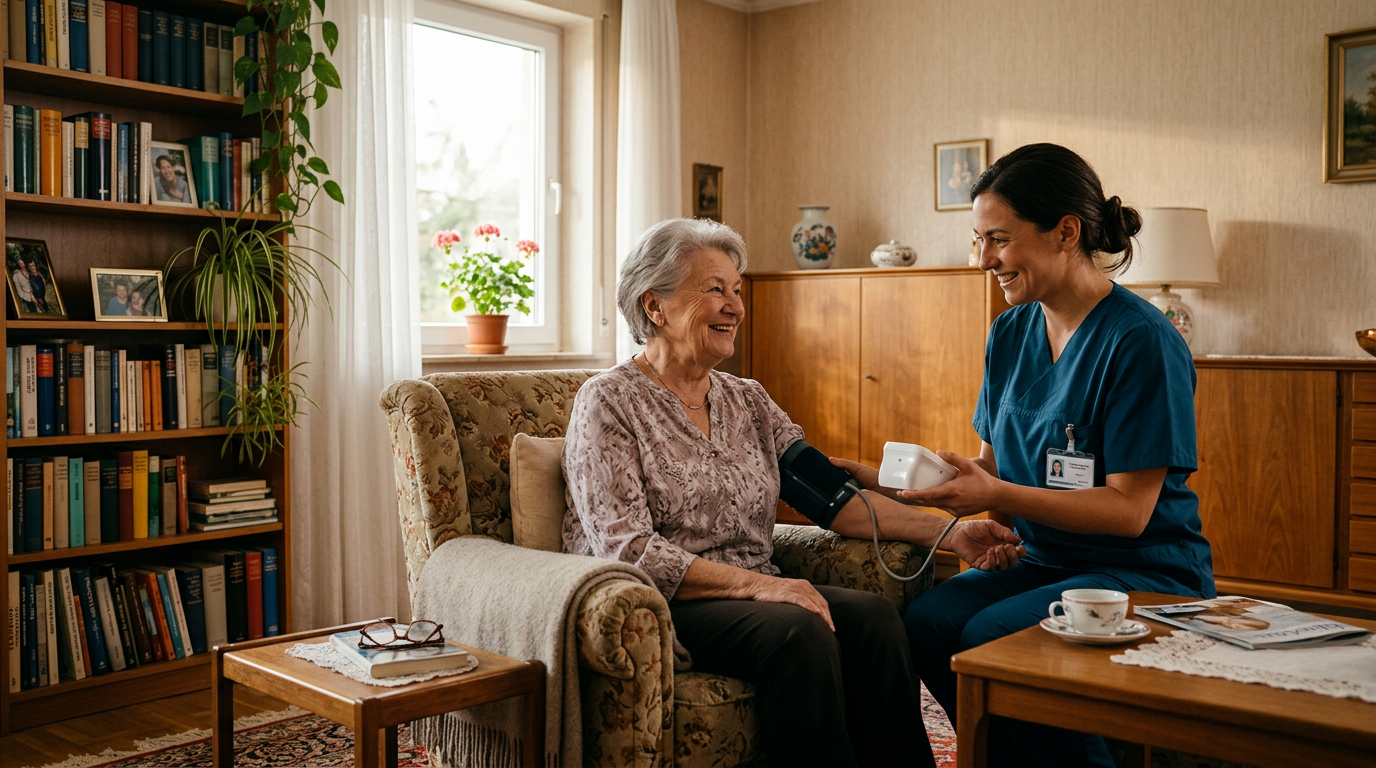 Pflegekraft misst Blutdruck bei Seniorin zu Hause