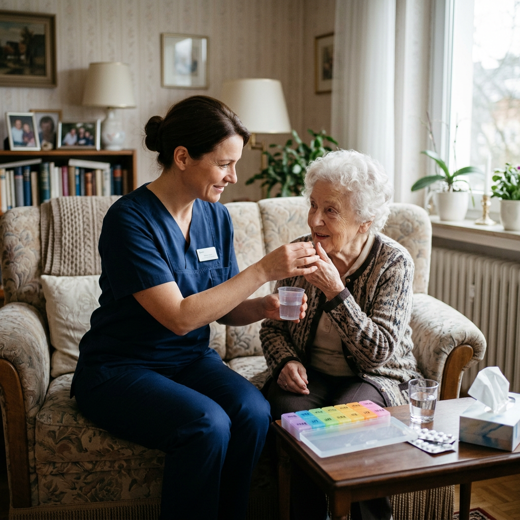 Pflegekraft gibt Seniorin Medikamente mit Pillenorganizer