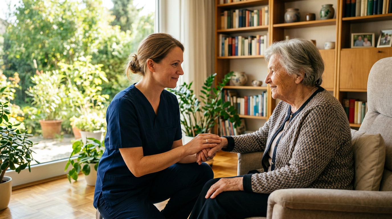 Pflegekraft unterstützt Senior bei der Mobilität mit Rollator
